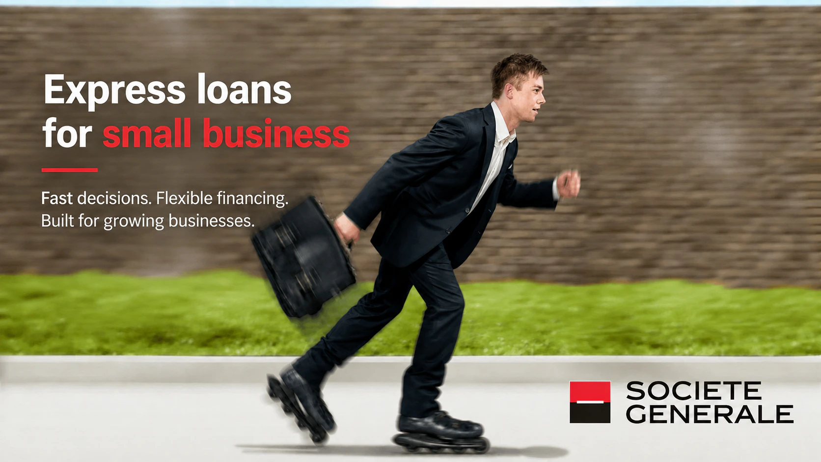 Société Générale express business loans campaign featuring Sergéy Ulyanov